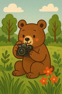 野原でカメラを手に写真を撮る熊のイラスト
