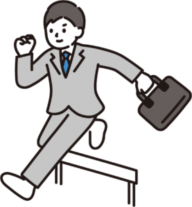 ハードルを飛び越える、スーツ姿の男性