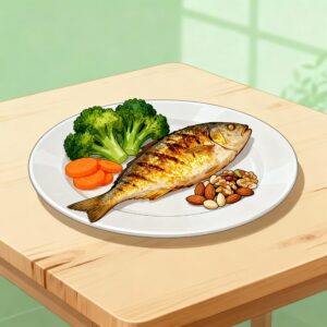 丸皿に盛りつけられた、野菜や魚、ナッツ類