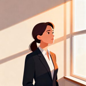 窓から夕陽を見つめるスーツ姿の女性