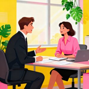 テーブルを挟んで面談をするスーツ姿の男性と女性