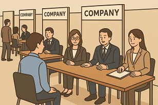 就労移行支援事業所ディーキャリア大宮の利用者様と支援者が合同面接会に参加しているイメージ図