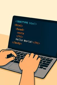 ノートパソコンでHTMLを書いているイラスト
