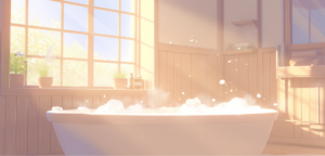 沸いた風呂に、窓から日光が差し込むイラスト