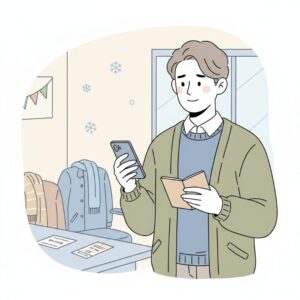 携帯とスマホを眺める私服姿の男性