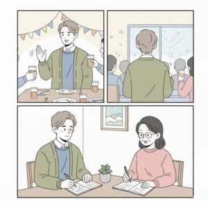 アサーティブな姿勢で飲み会に参加する男性のイラスト