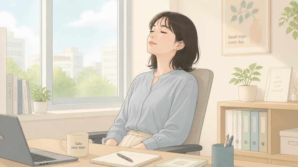 オフィスの窓際で椅子に座り、目を閉じて一息ついている女性のイラスト