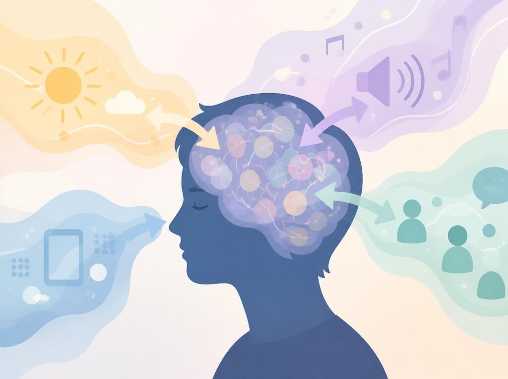 太陽の光や音、スマートフォンの通知、人との会話など、さまざまな感覚刺激が脳に届く様子を表した抽象的なイラスト