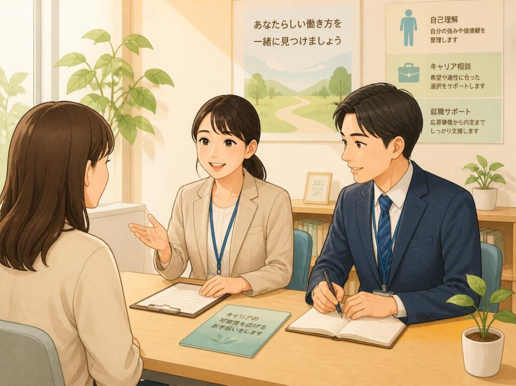 スタッフと利用者が笑顔で面談している様子。あなたらしい働き方を一緒に見つけるサポートを紹介するイラスト