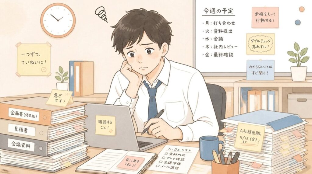 デスクで書類やタスクに囲まれ困った表情をする社会人のイラスト