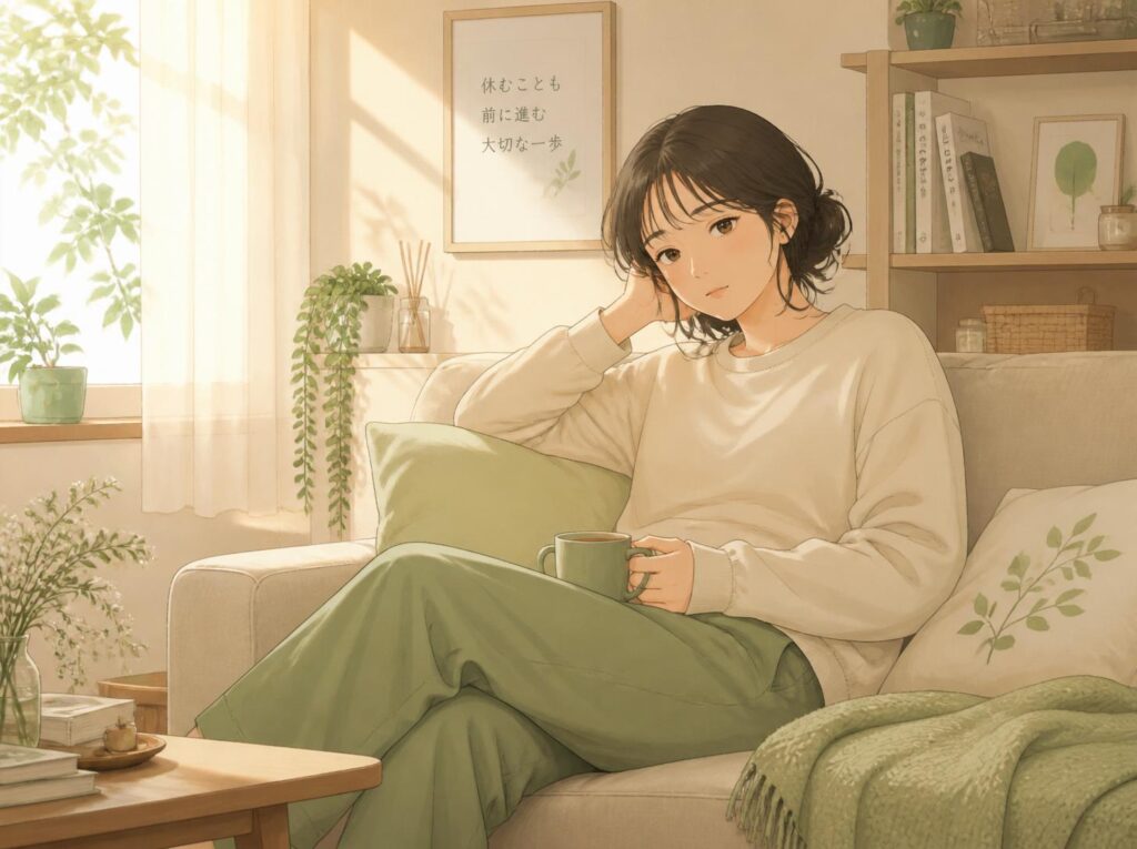 ソファで少し疲れた様子で休んでいる社会人のイラスト