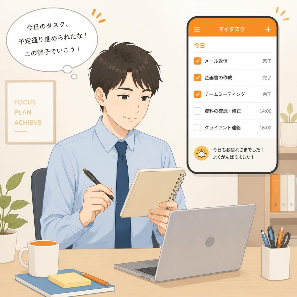 チェックリストを確認しながら安心した表情の社会人のイラスト