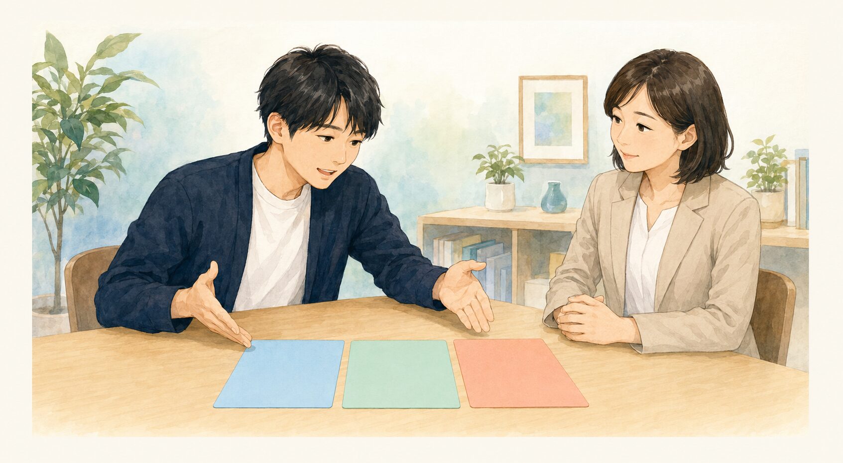 支援員と、退職理由を三段階のカードに分けて説明する場面