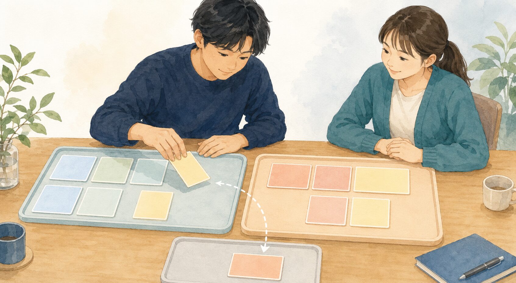 予定カードを時間帯と変更先へ動かす場面
