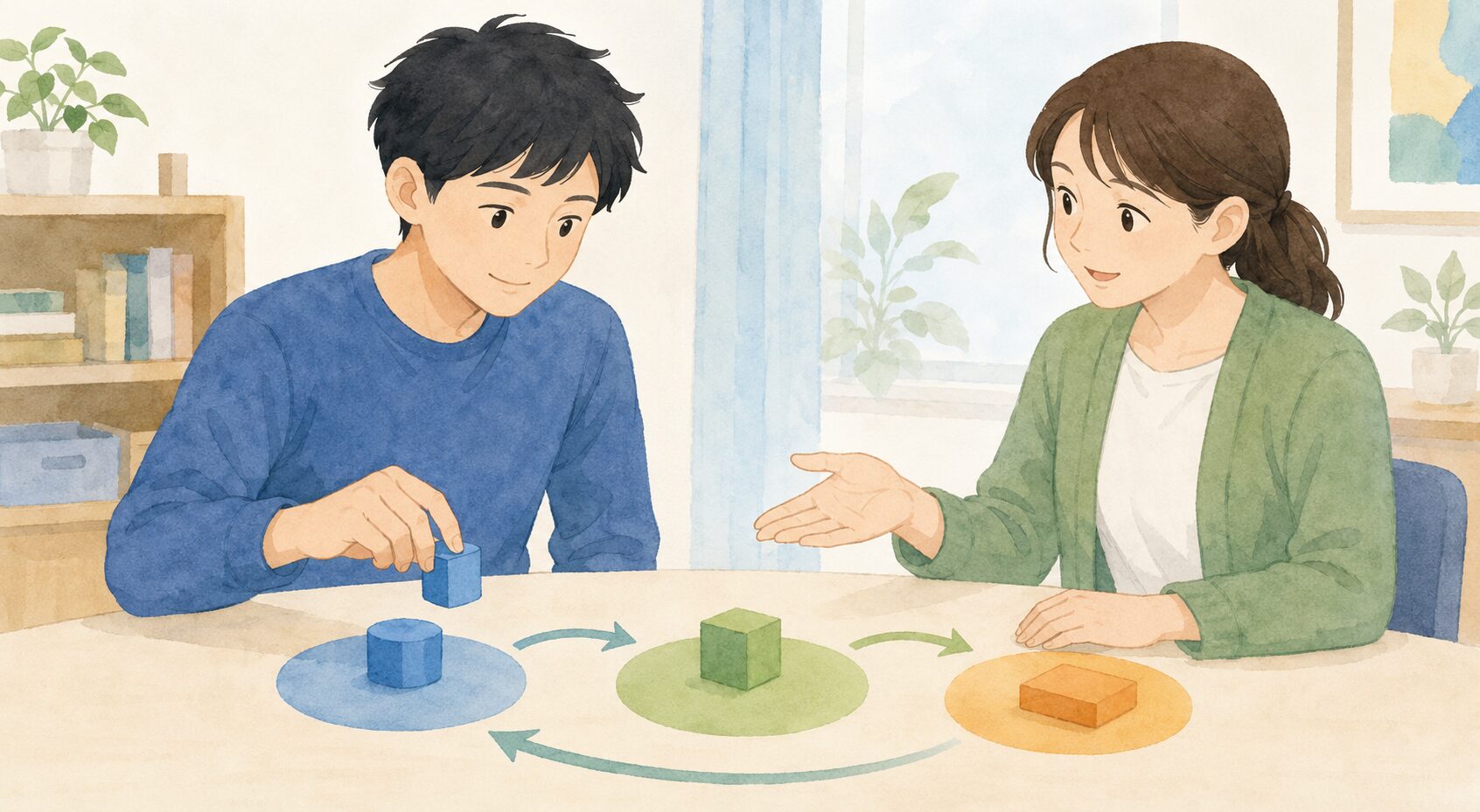 利用者が小さな課題を試し、支援者のフィードバックを受ける場面