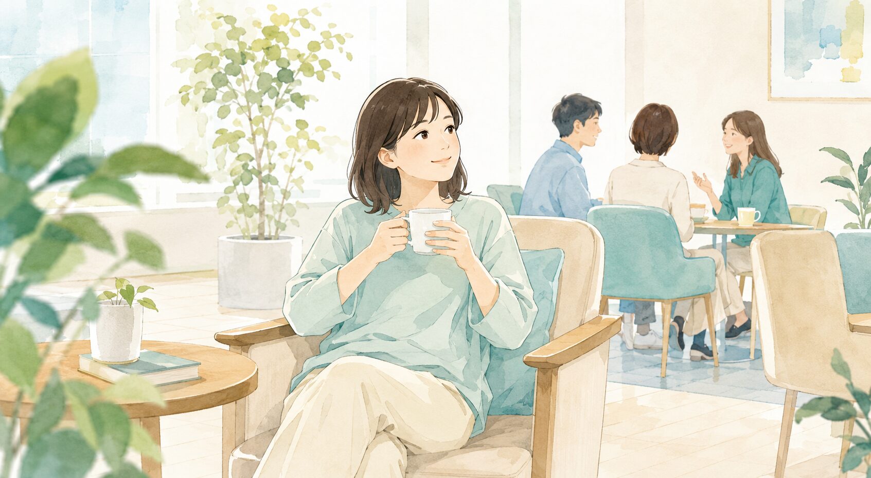 交流する人々から少し離れ、一人で飲み物を持って休む場面