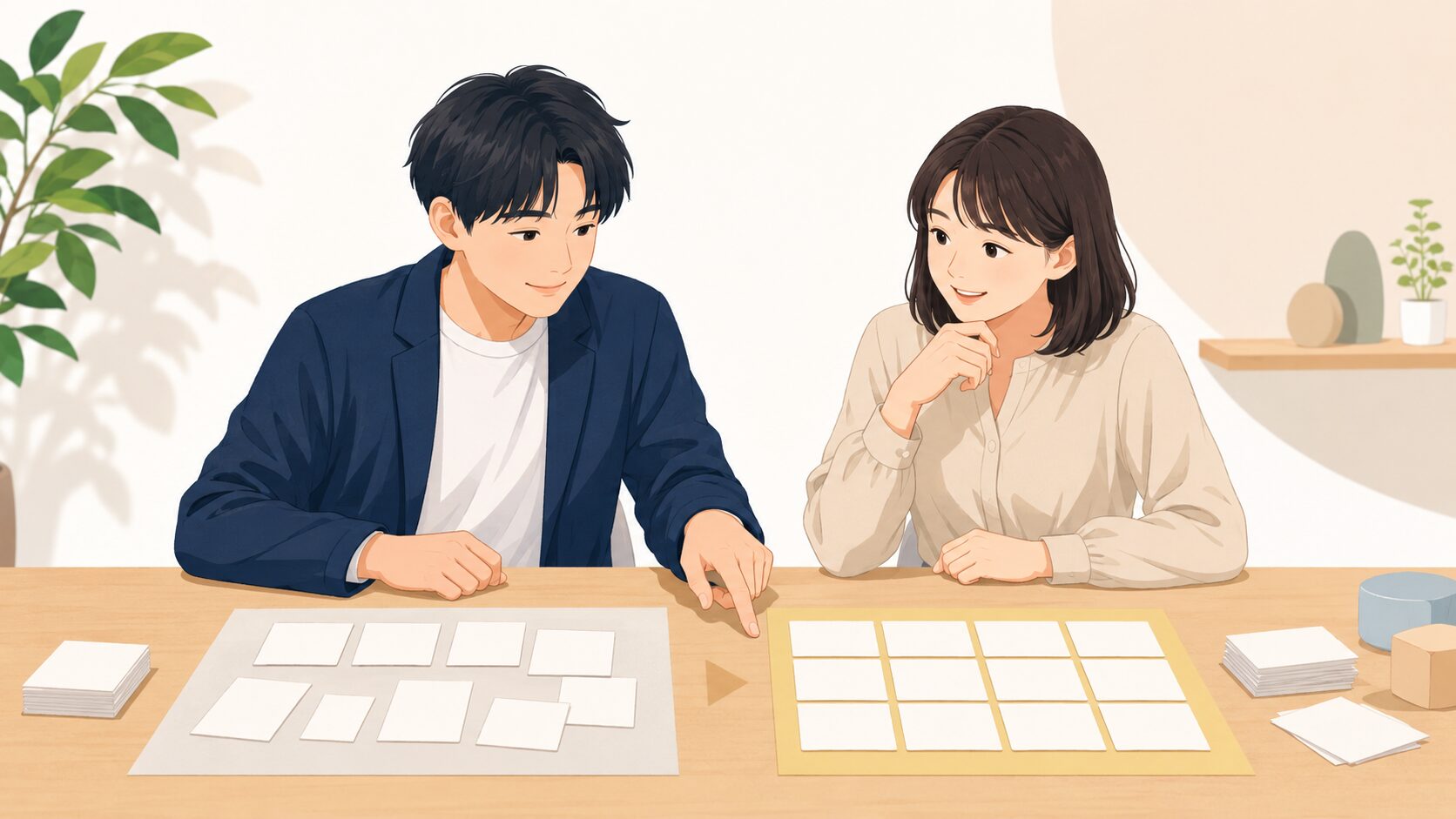 散らばった無地カードと整えた無地カードを二人で比較する場面