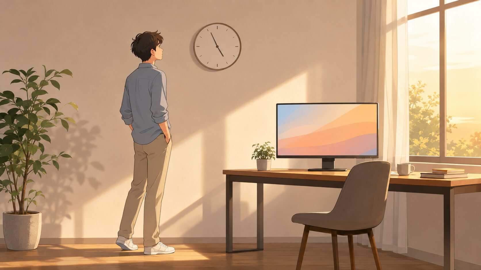 夕方の室内で作業者が机を離れ、時計を見て短い休止を取る場面