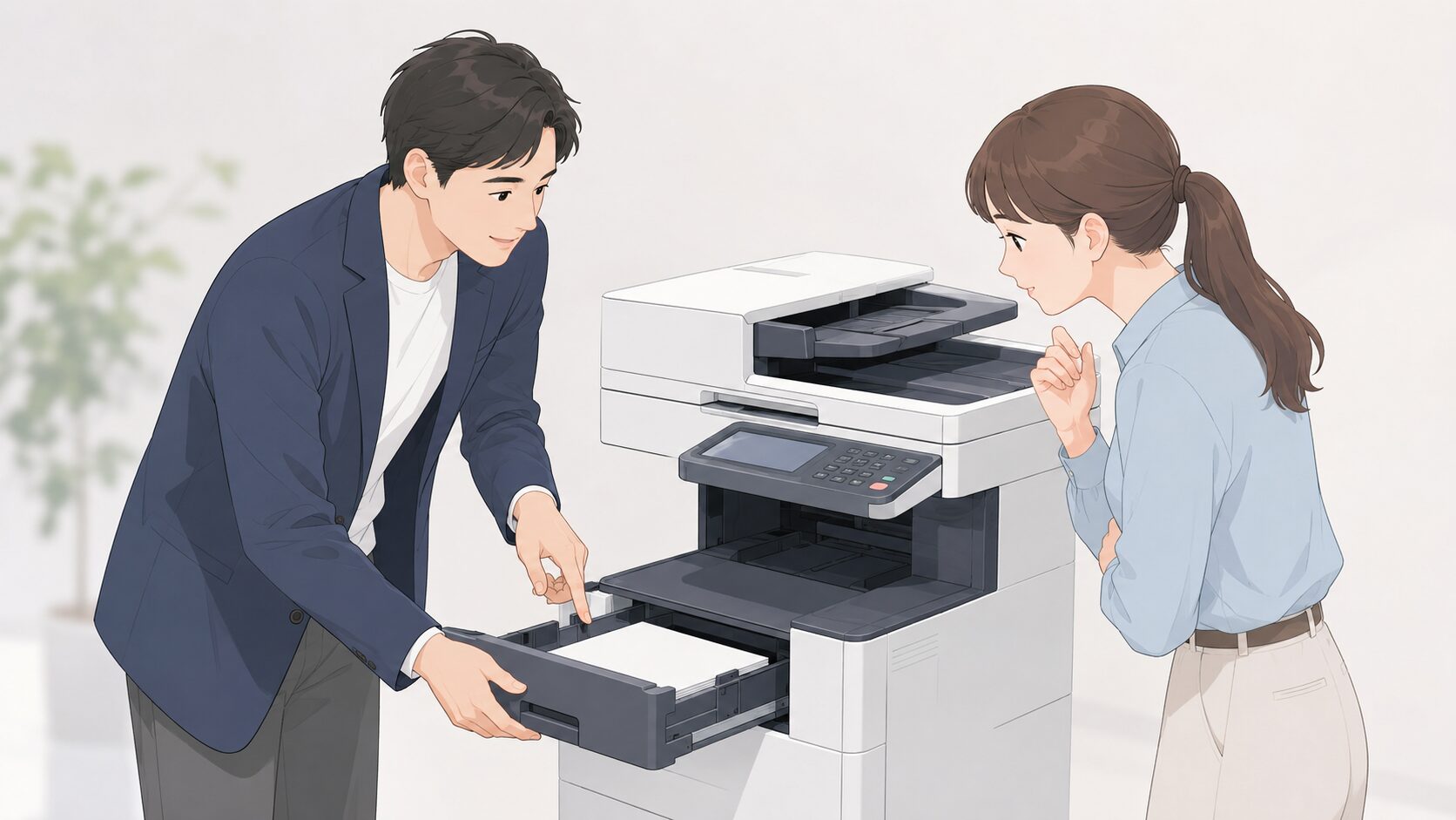 複合機の前で一人が給紙操作を実演し、もう一人が確認する場面