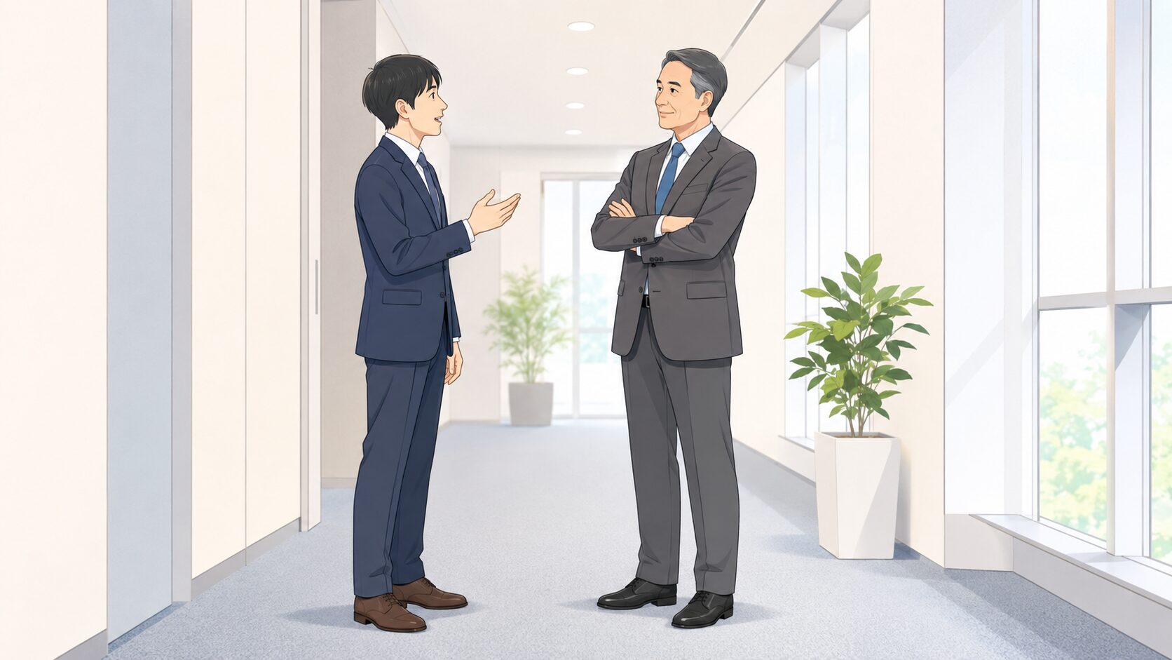 職場の廊下で部下が上司へ報告する