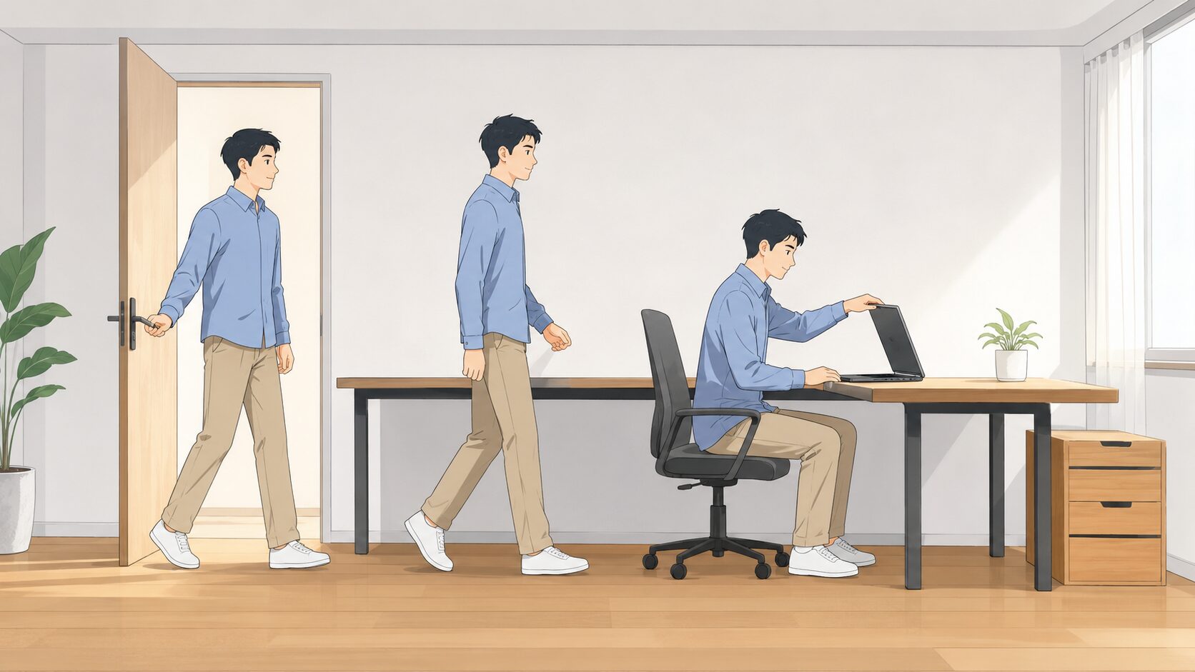 入室して机へ歩きPCを開く動作の流れ