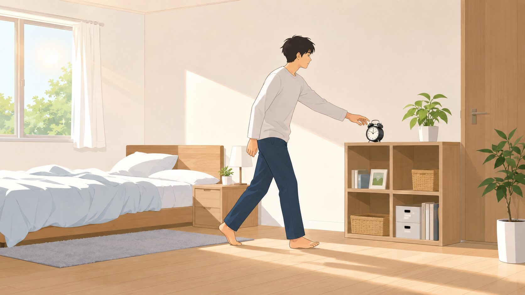 朝の寝室で立ち上がり棚の時計へ歩く