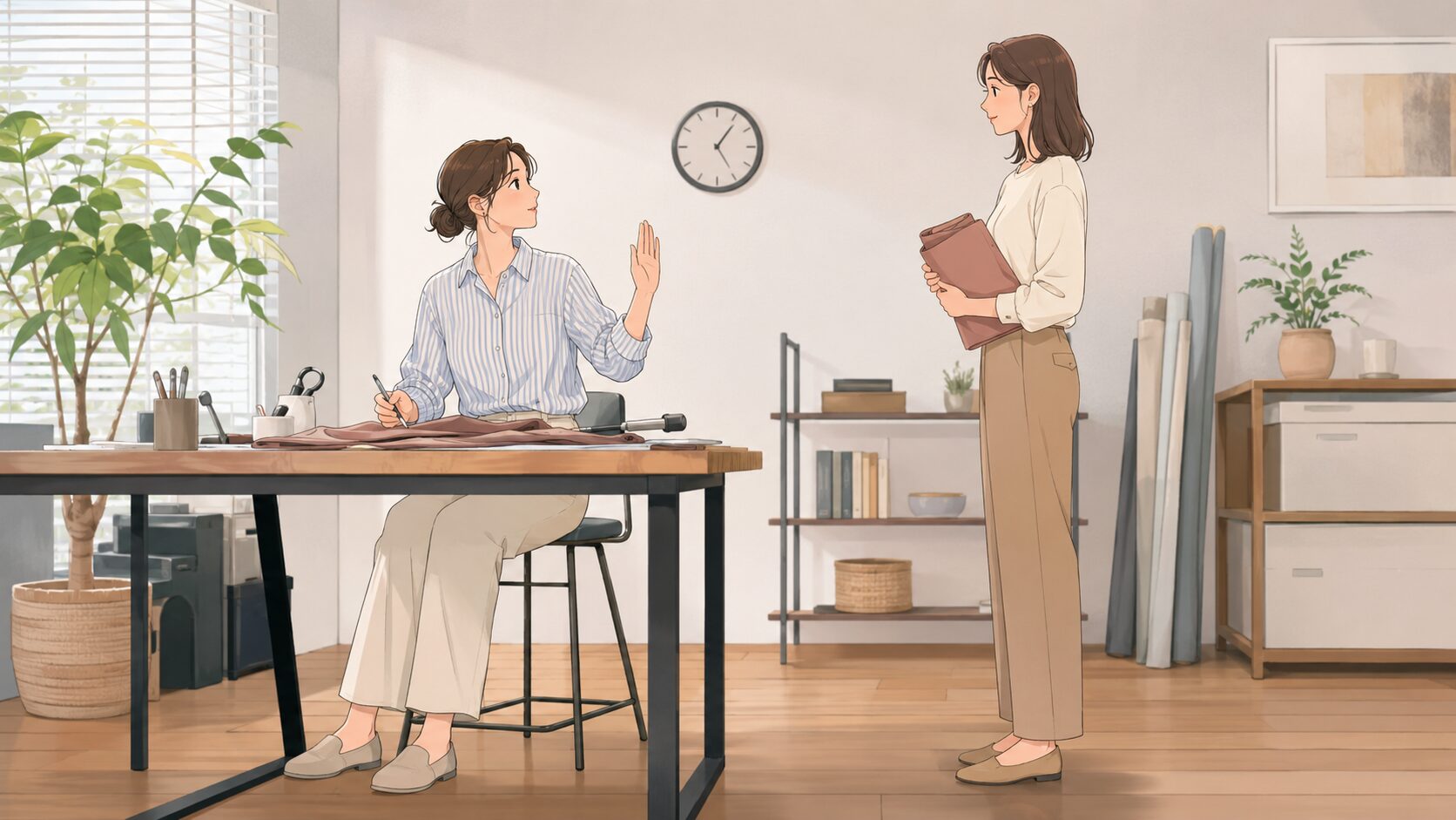 作業中の人が新しい依頼に片手を上げ、時計も確認する