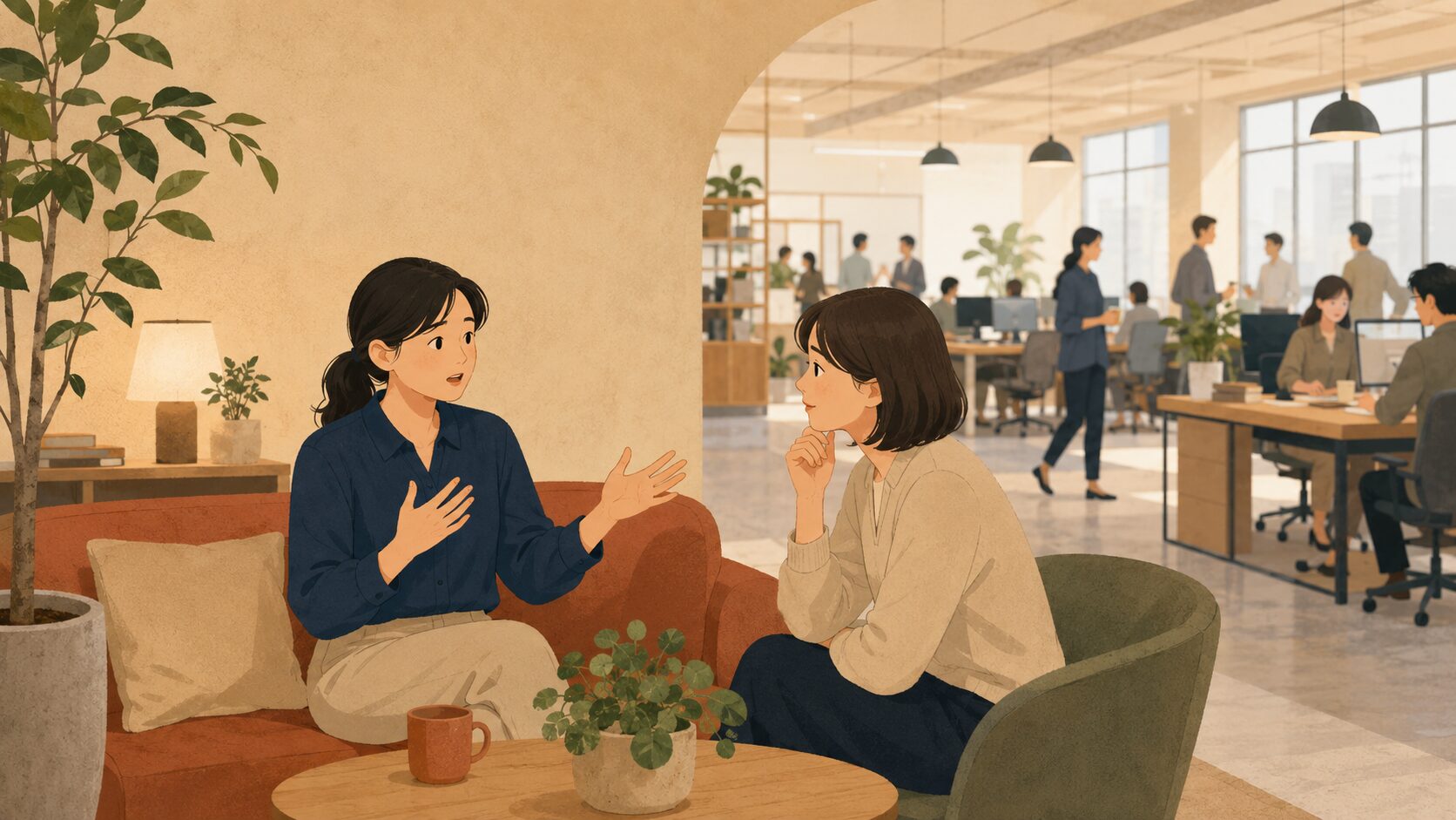 静かな一角で新入社員が手振りを交えて状況を説明する