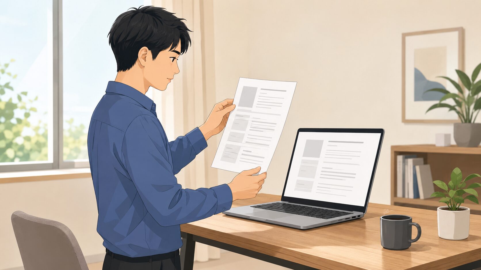 一人の求職者が印刷した履歴書とノートPCの表示を見比べる
