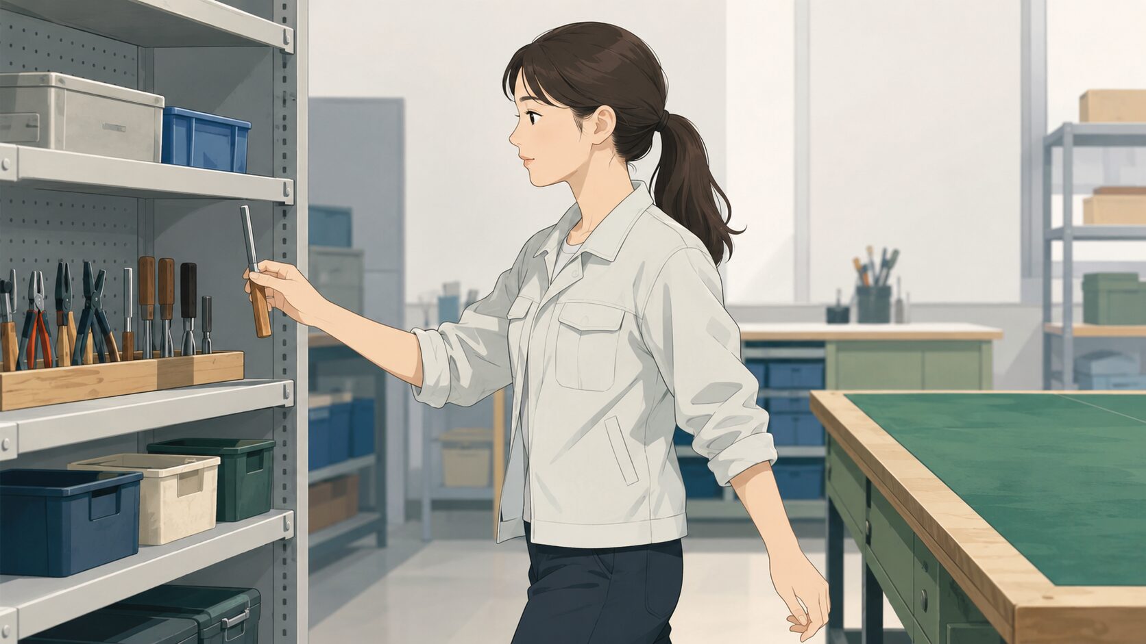 道具棚から最初に使う一つの工具を選び、作業台へ向かう