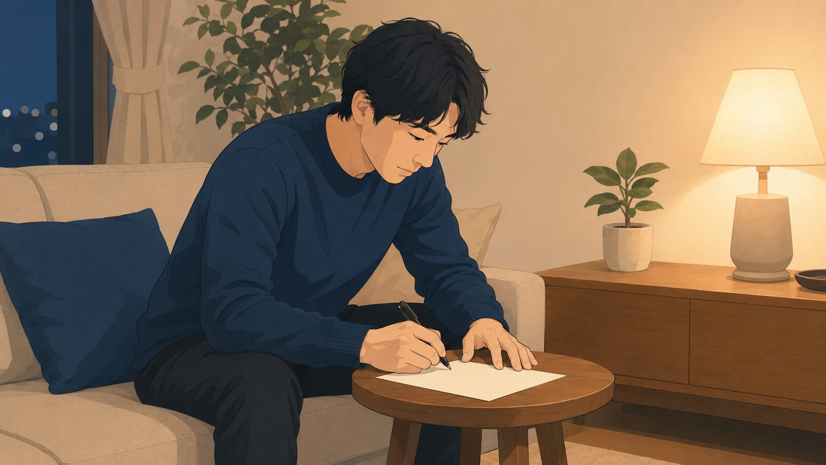 夜の自宅で一枚の紙に気になることを書き出す