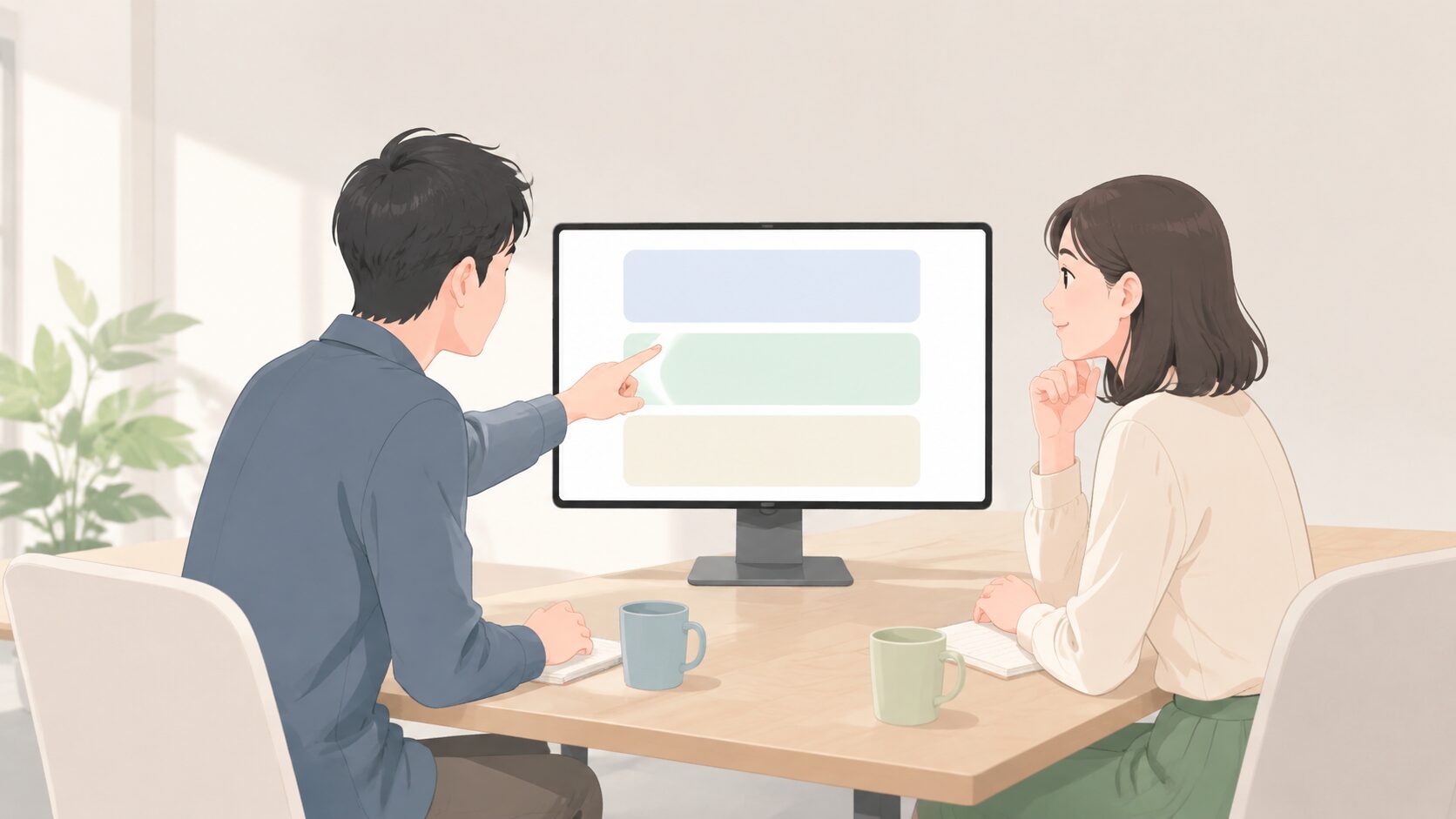 二人が文字のないモニター上の三つの無地ブロックを確認する