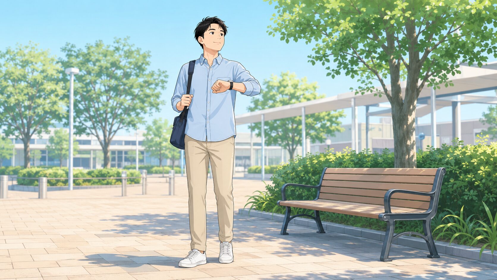 日本人男性が駅前のベンチ付近で腕時計を確認し、落ち着いて到着時刻を調整している