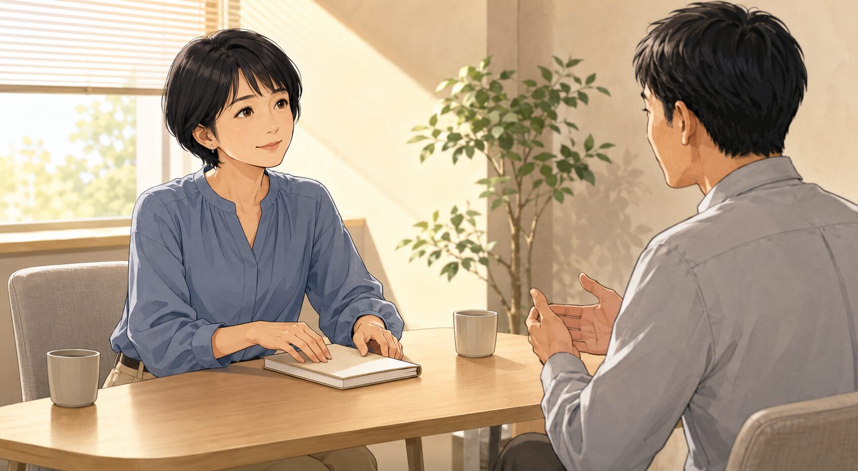 明るい職場の面談スペースで、女性が男性の説明を落ち着いて聞き次の質問を考える