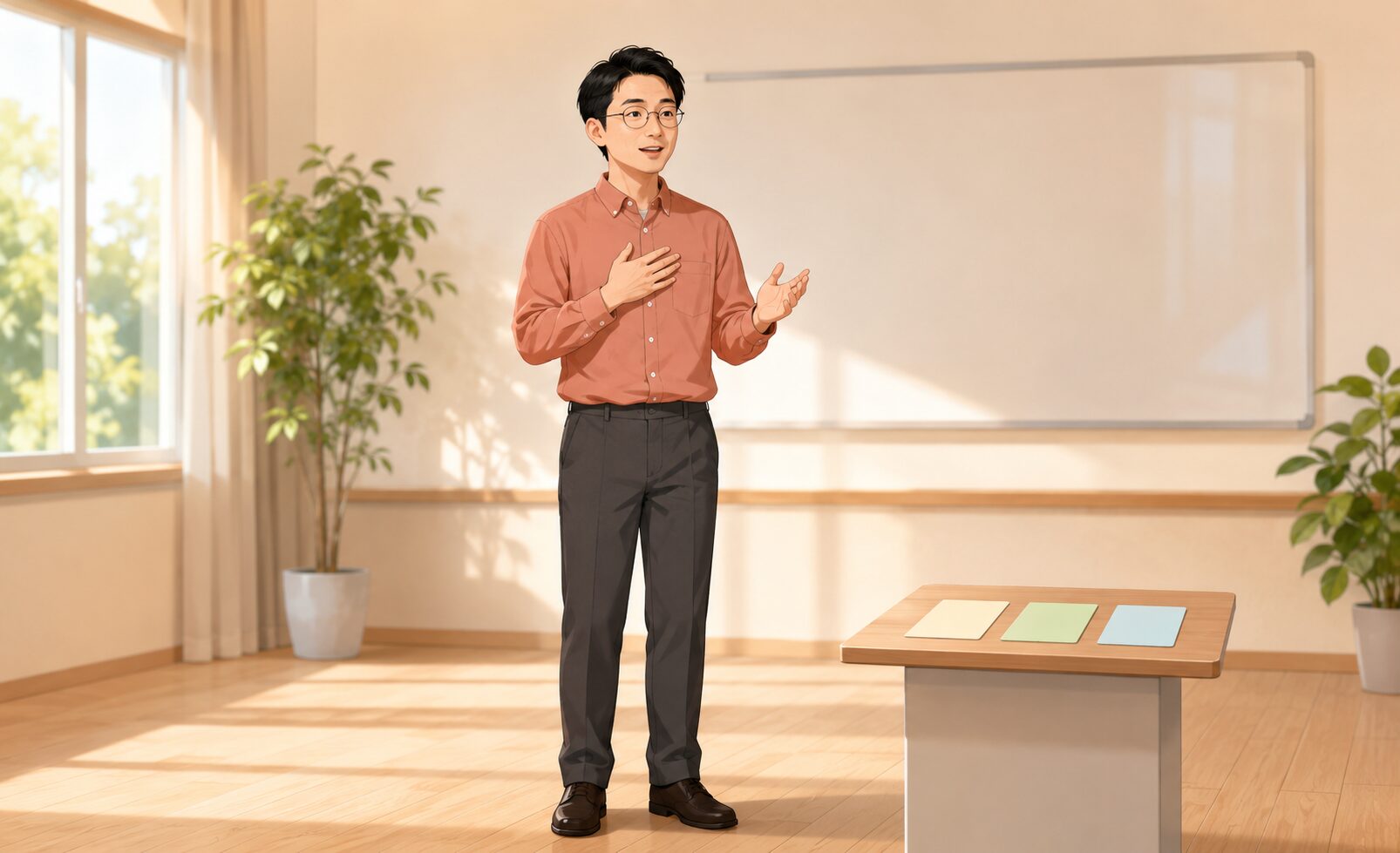 明るい研修室で男性が一人で立ち自然な身振りで自己紹介を練習する