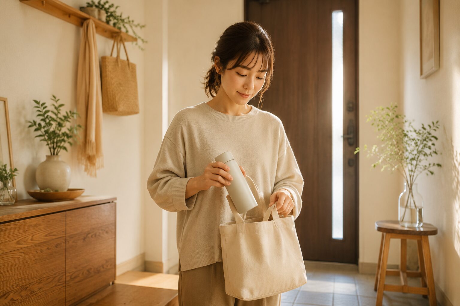 自宅の玄関で女性が小さな外出の準備をする