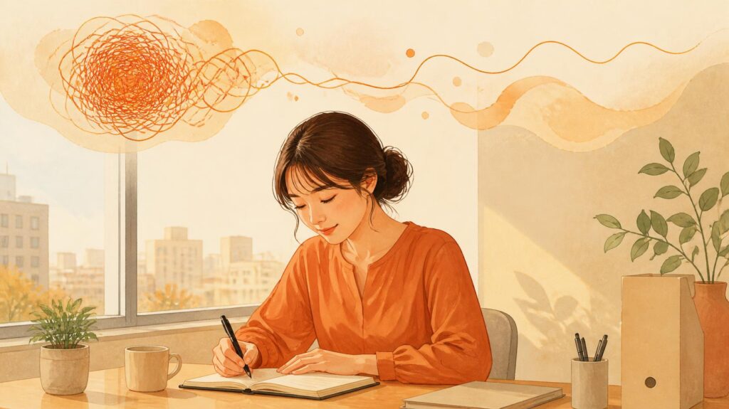 オフィスで穏やかにノートに書き込む様子のイラスト