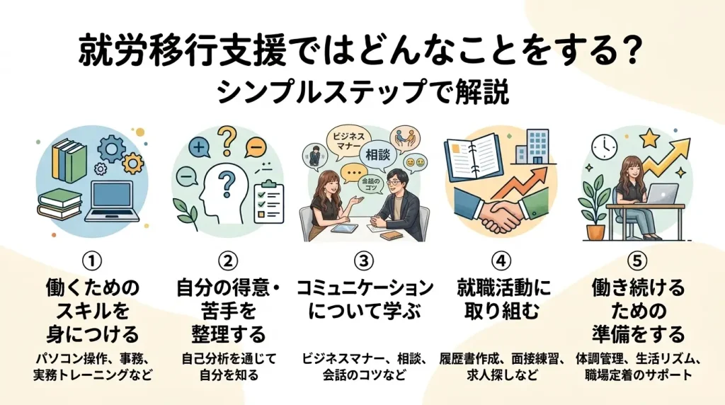 就労移行支援で行う5つのステップ（働くスキルの習得、得意・苦手の整理、コミュニケーション、就職活動、働き続ける準備）の解説図