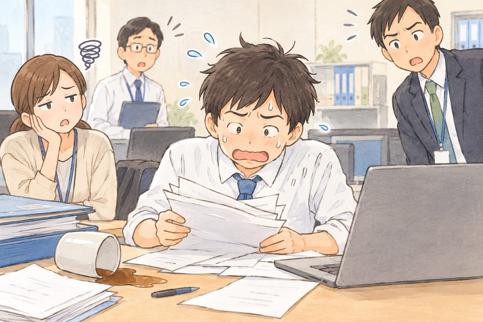 職場で仕事がうまく進まず焦っている男性と、周囲で困った様子を見せる同僚