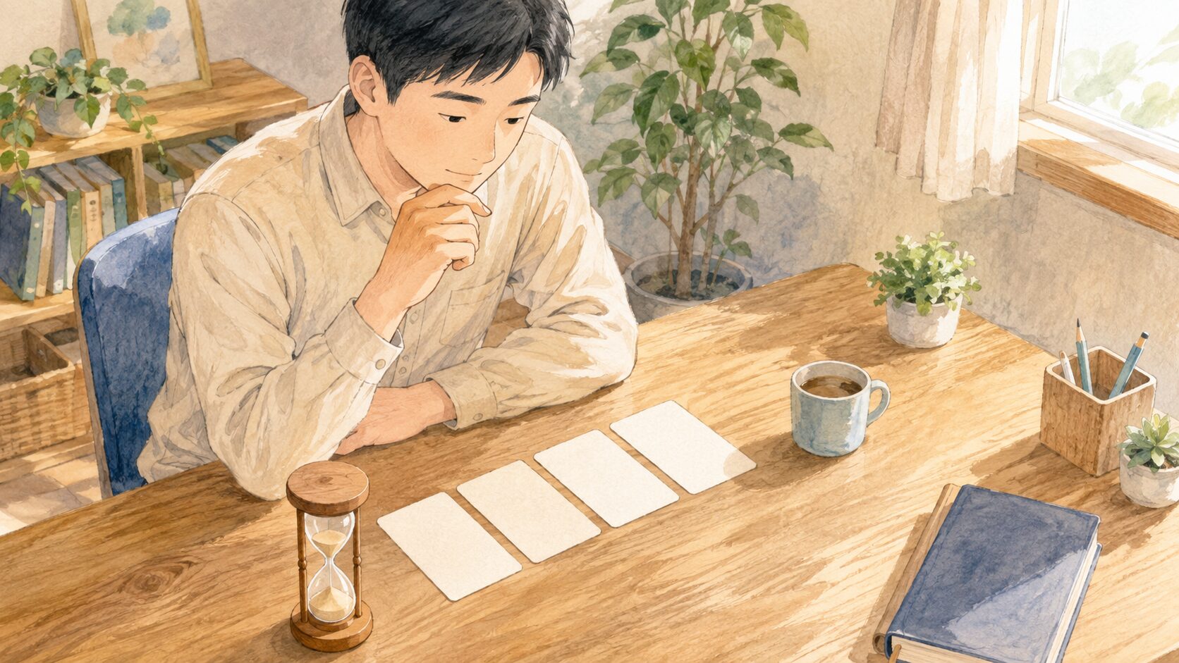 自宅の作業机で男性が無地カードと砂時計を見ながら工程を考える