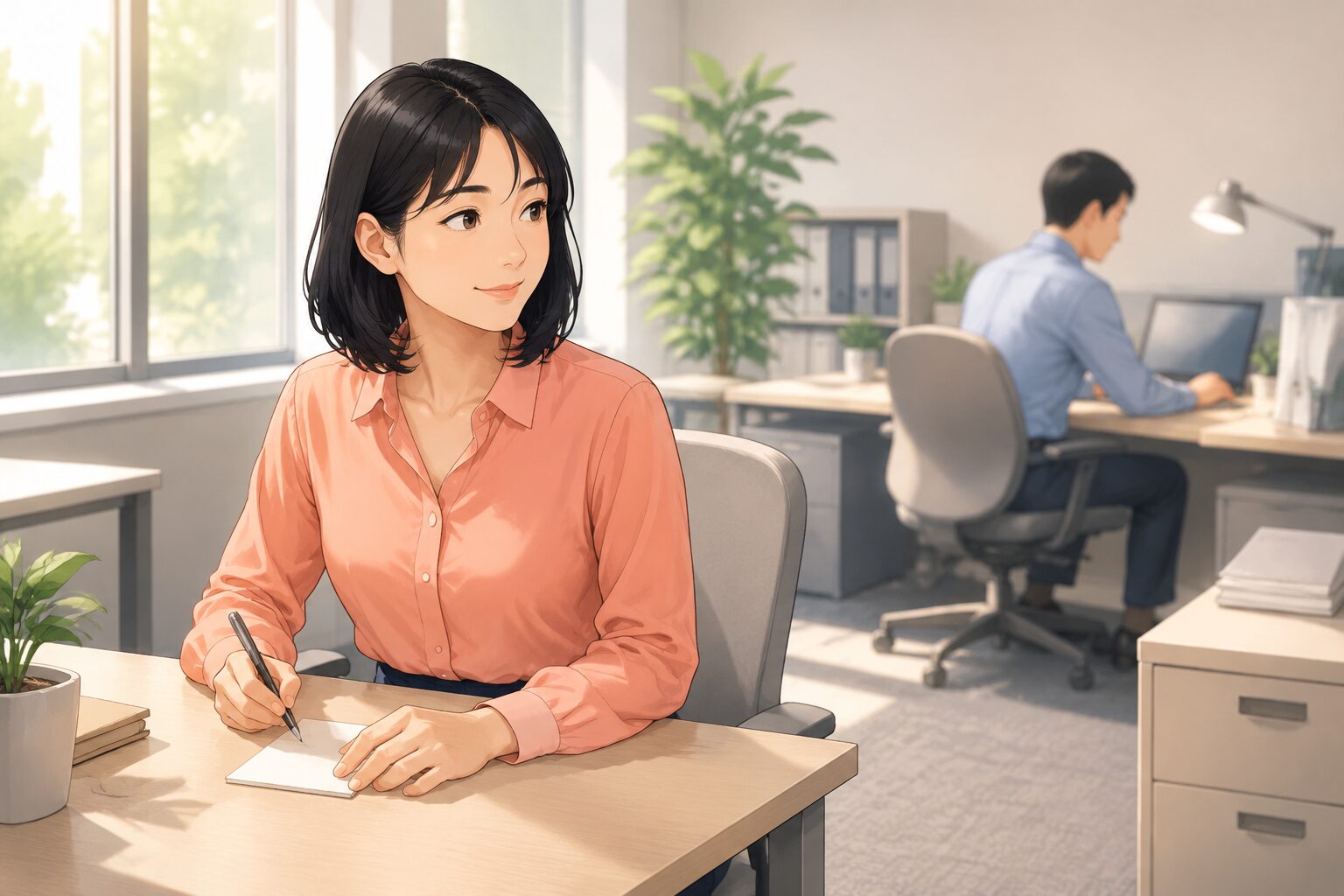 明るい職場で女性が無地メモへ質問を書き、作業中の同僚の様子を確認する