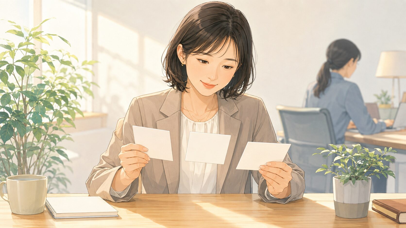 明るい職場で女性が三枚の無地カードを見比べ、自分の変化を穏やかに確認する