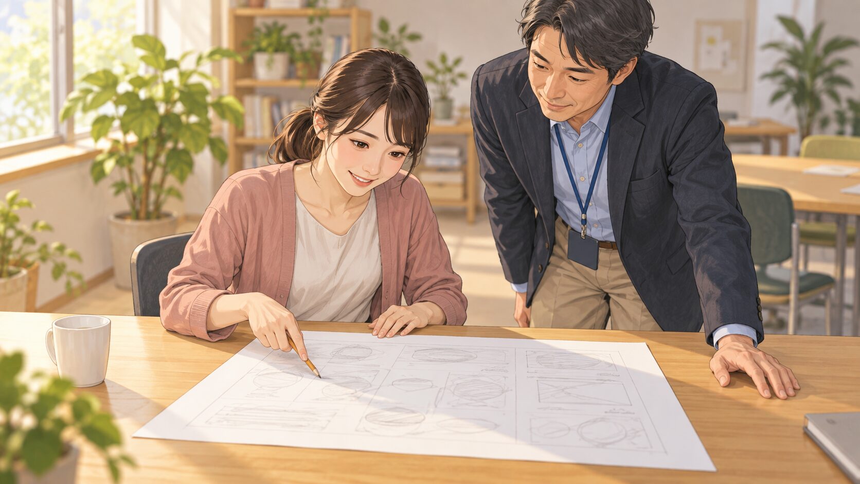 利用者が支援員と一枚の無地の下書きを見ながら、細部より先に全体像を確認する