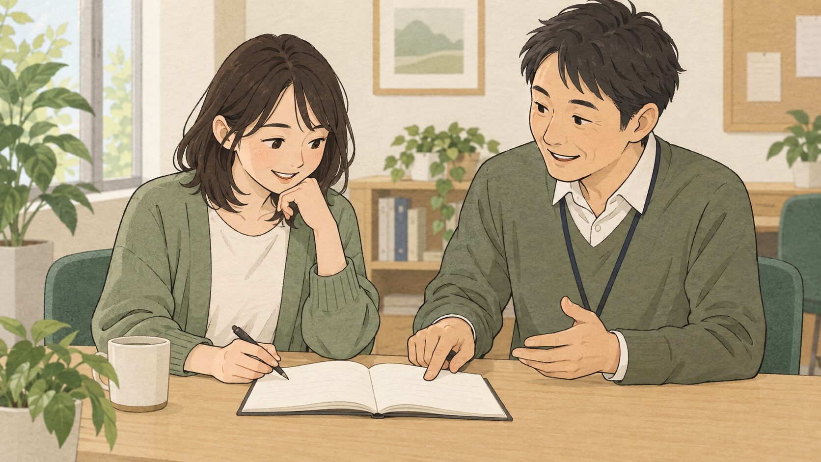 利用者が支援員と一冊の記録を見ながら、複数場面の評価に共通する行動を探す