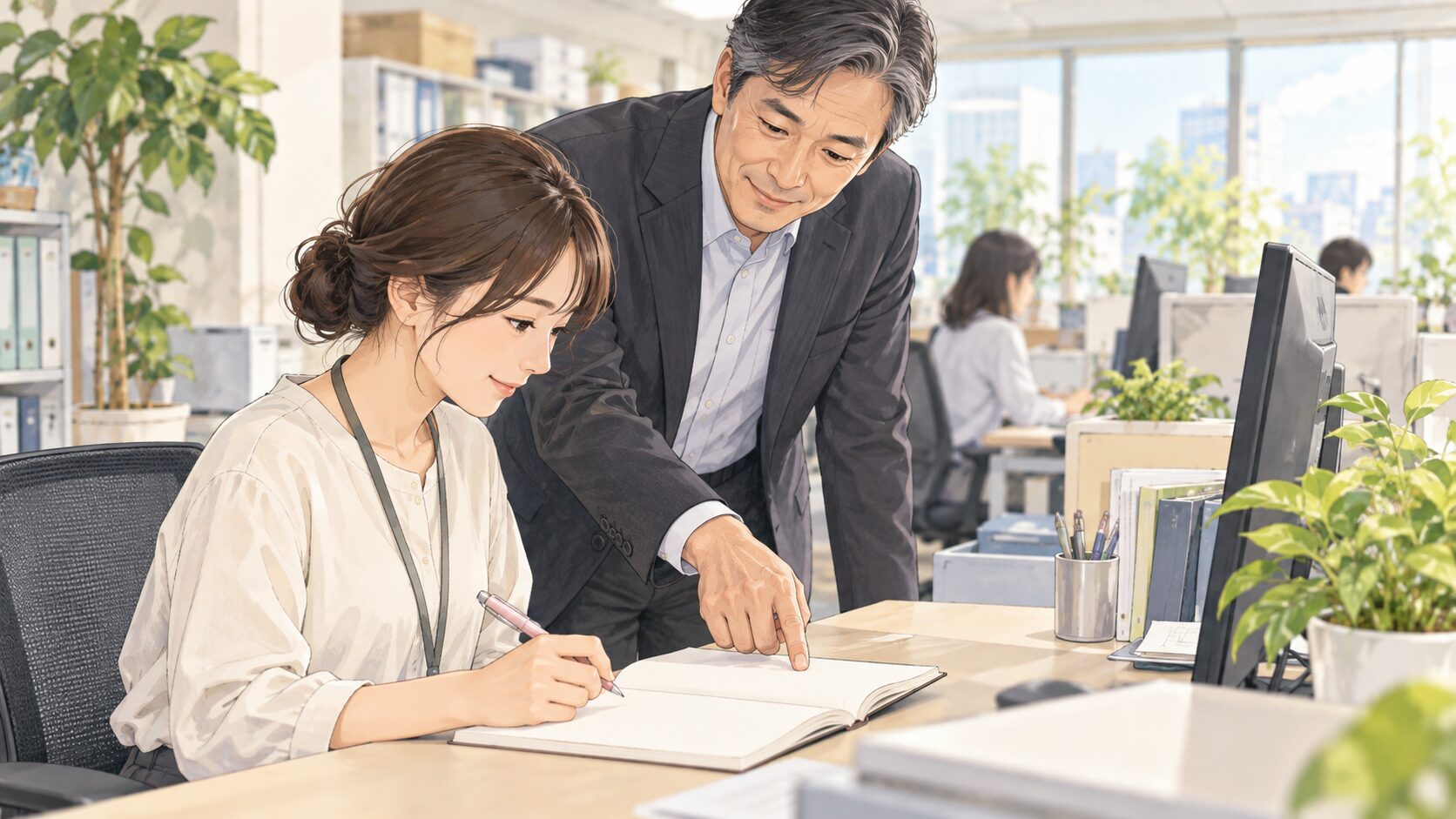 模擬職場で利用者が支援員と一冊の記録を見ながら、質問への回答を自分の作業手順へ直す