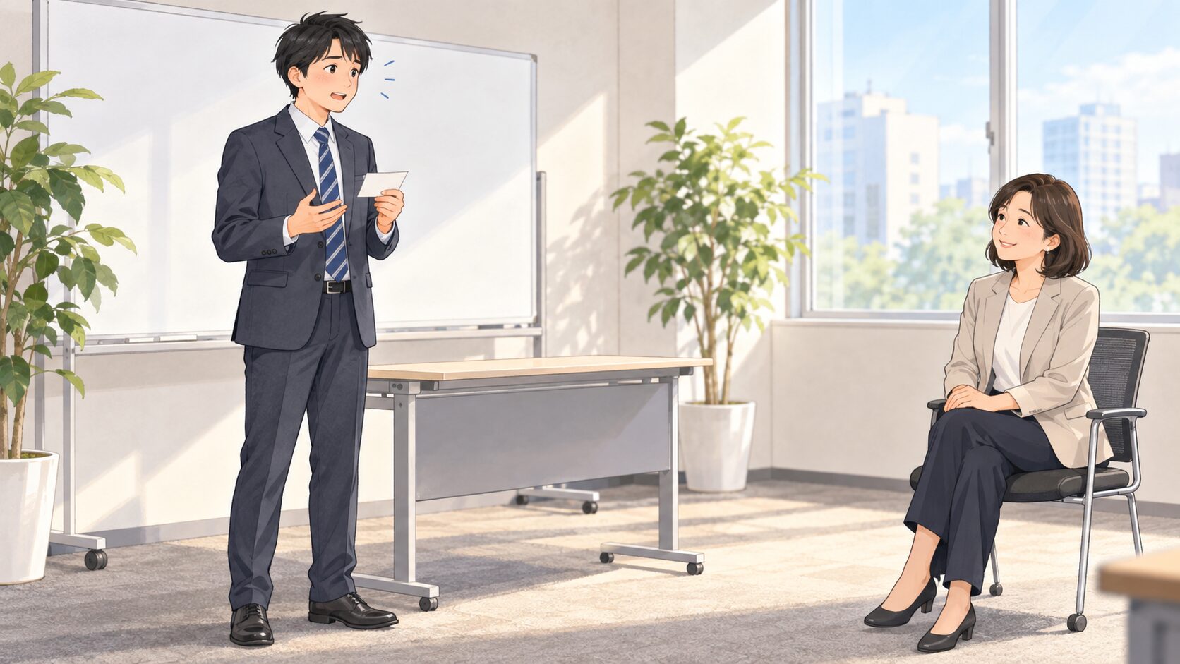 利用者が最初の一文を一枚の無地メモで確認し、支援員を前に立って発表練習する