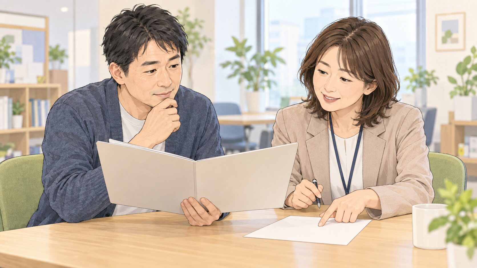 利用者が無地の応募書類フォルダーを開き、支援員と説明内容を整理する