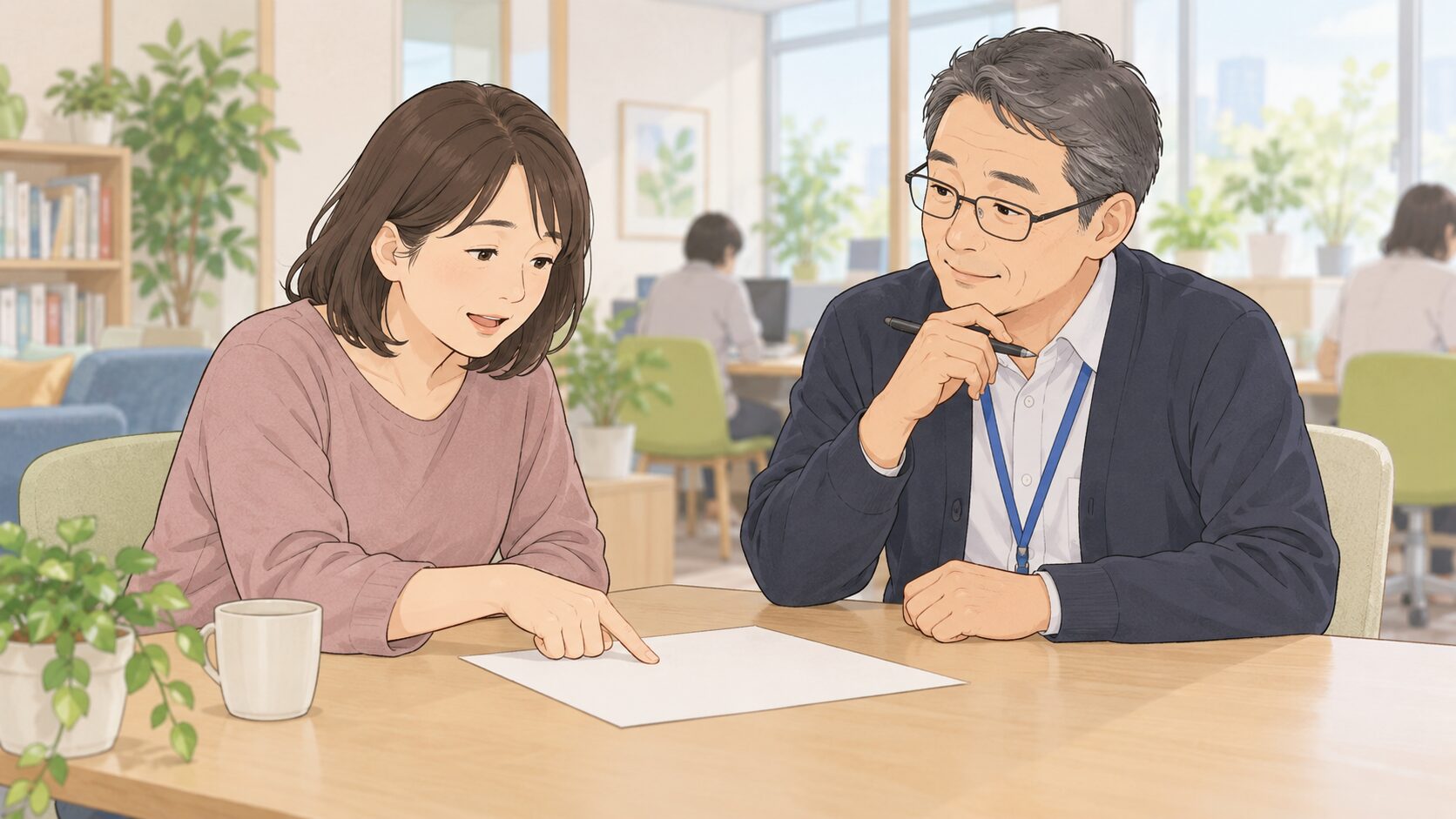 利用者と支援員が一枚の無地シートを見ながら仕事内容と続けやすい条件を整理する