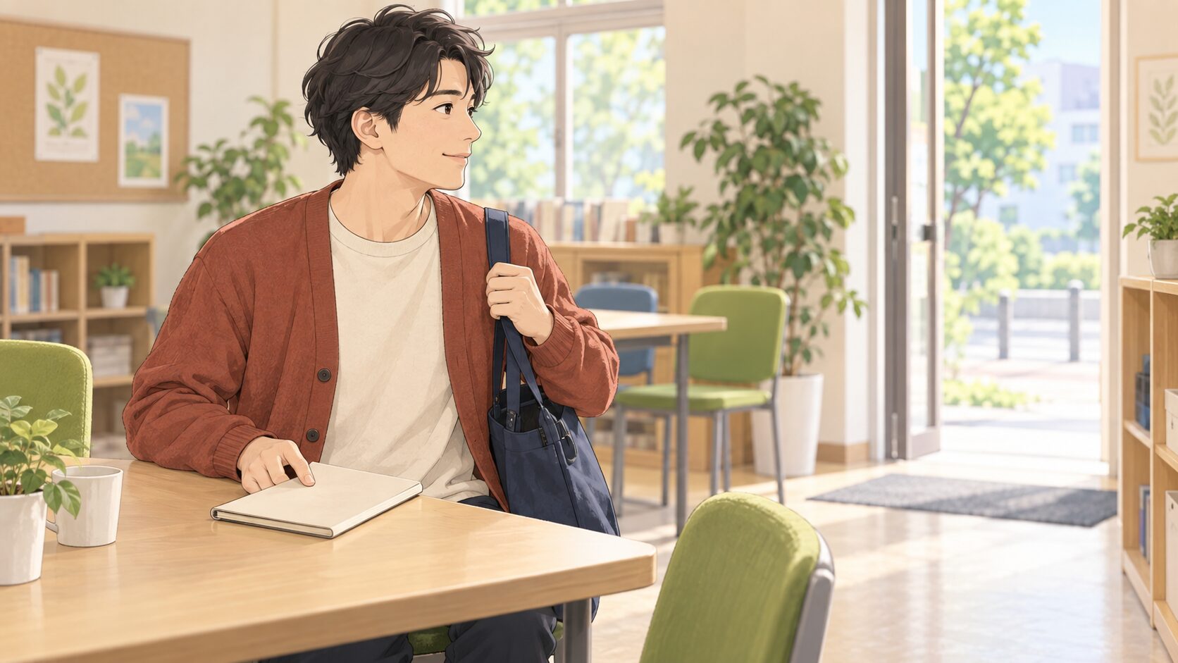 利用者が無地のノートを閉じ、肩掛け鞄を手にして短い外出を試す準備をする