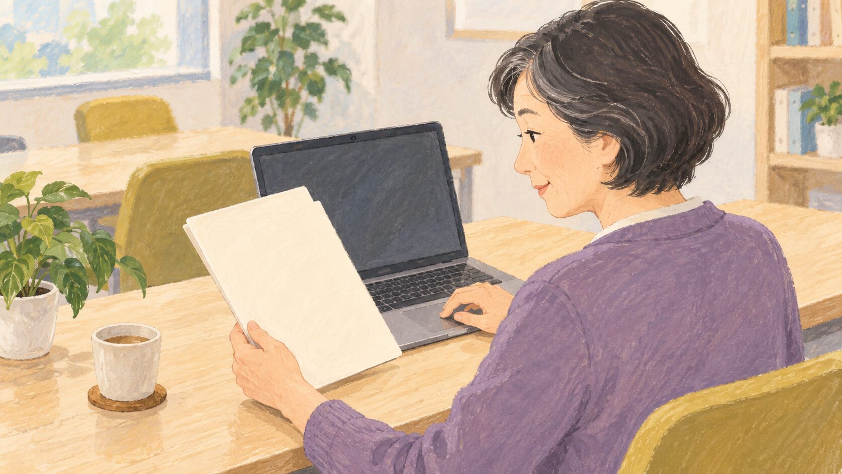 利用者が一つの無地資料を手に持ち、ノートPCでメール作業を始める前に添付対象を確認する